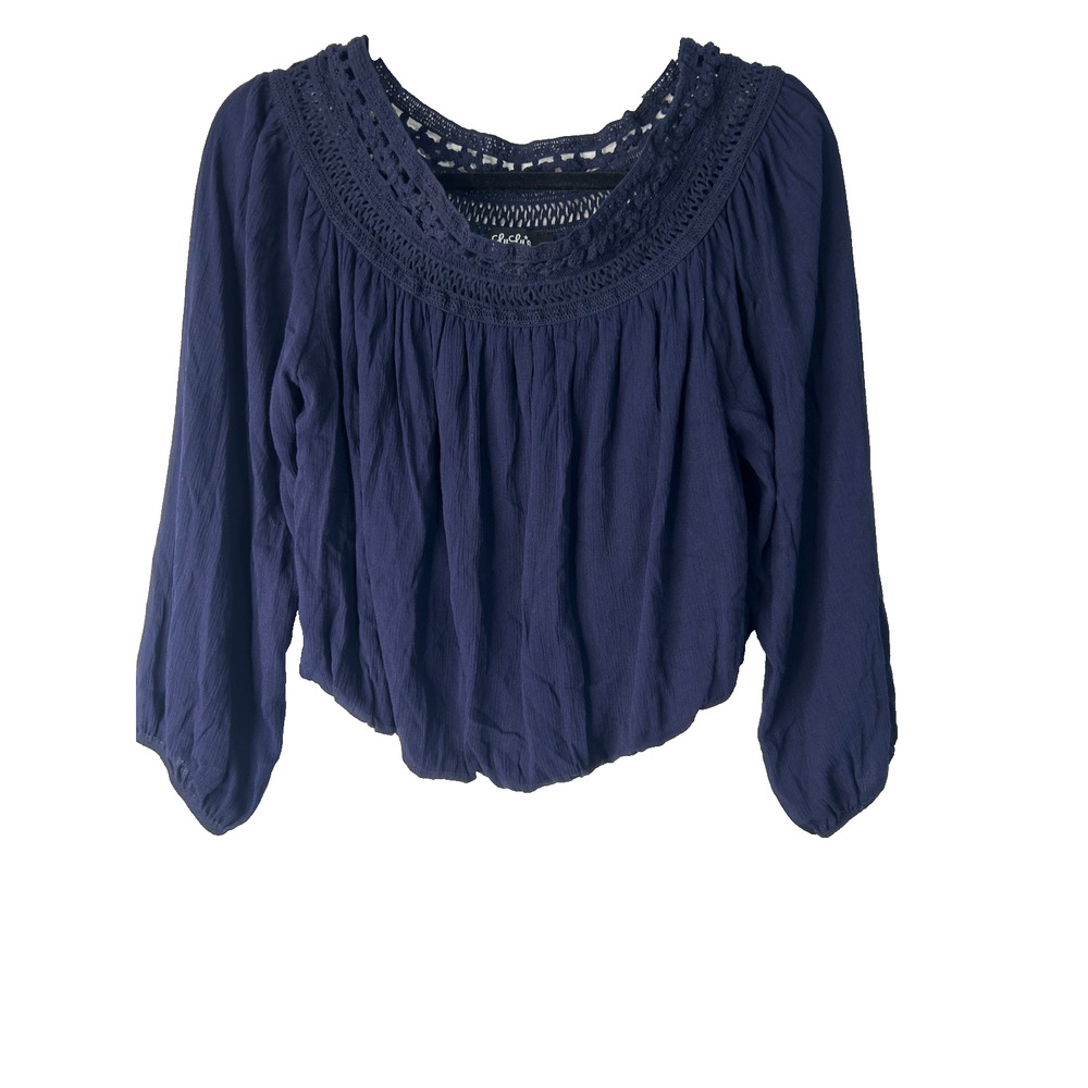 LuLus Festival Day Crop Top Size S Navy Blue Off the Shoulder Crochet Lace Trim